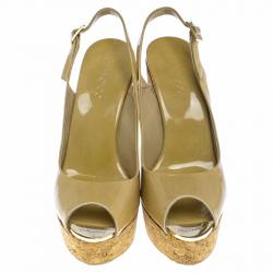 Pre Owned Jimmy Choo Beige Patent Leather Prova 120 Wedge Sandals Size 38.5