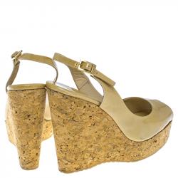 Pre Owned Jimmy Choo Beige Patent Leather Prova 120 Wedge Sandals Size 38.5