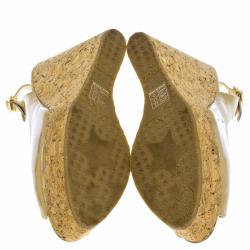 Pre Owned Jimmy Choo Beige Patent Leather Prova 120 Wedge Sandals Size 38.5