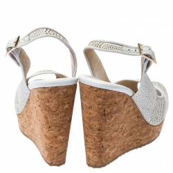 Pre Owned صندل جيمي تشو بيلا فتحة كعب مقدمة مفتوحة كعب روكي فليني رافيا أبيض مقاس 37