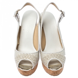 Pre Owned صندل جيمي تشو بيلا فتحة كعب مقدمة مفتوحة كعب روكي فليني رافيا أبيض مقاس 37