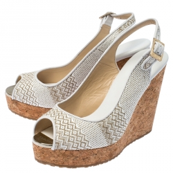 Pre Owned صندل جيمي تشو بيلا فتحة كعب مقدمة مفتوحة كعب روكي فليني رافيا أبيض مقاس 37