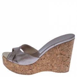 Pre Owned Jimmy Choo Beige Leather Perfume Cork Wedge Platform Sandals Size 38
