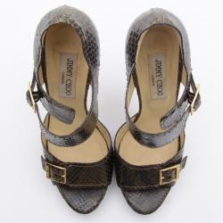 Pre Owned Jimmy Choo Brown Python Quaker Buckle Sandals Size 38.5