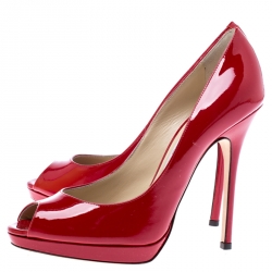 Pre Owned Jimmy Choo Red Patent Leather Quiet Peep Toe Pumps Size 37.5