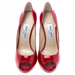 Pre Owned Jimmy Choo Red Patent Leather Quiet Peep Toe Pumps Size 37.5