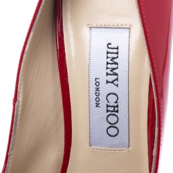 Pre Owned Jimmy Choo Red Patent Leather Quiet Peep Toe Pumps Size 37.5