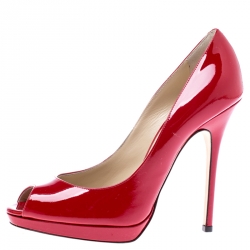Pre Owned Jimmy Choo Red Patent Leather Quiet Peep Toe Pumps Size 37.5