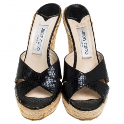 Pre Owned Jimmy Choo Black Python Embossed Leather Wedge Platform Sandals Size 39