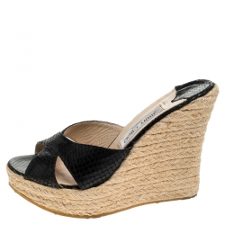 Pre Owned Jimmy Choo Black Python Embossed Leather Wedge Platform Sandals Size 39