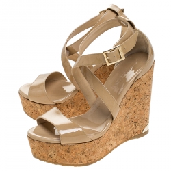 Pre Owned Jimmy Choo Beige Patent Leather Portia Cork Wedge Cross Strap Sandals Size 35