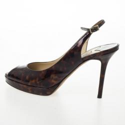 Pre Owned Jimmy Choo Nova Patent Tortoise Peep Toe Slingback Sandals Size 38.5