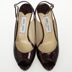 Pre Owned Jimmy Choo Nova Patent Tortoise Peep Toe Slingback Sandals Size 38.5