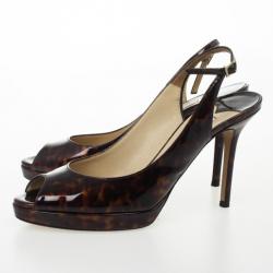 Pre Owned Jimmy Choo Nova Patent Tortoise Peep Toe Slingback Sandals Size 38.5