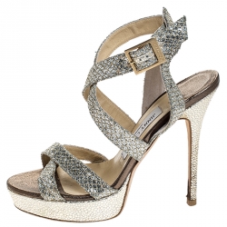 Pre Owned Jimmy Choo Champagne Gold Glitter Fabric Vamp Platform Sandals Size 38