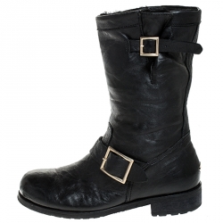 مملوكة مسبقًا Jimmy Choo Black Leather Youth Biker Mid Calf Boots Size 38