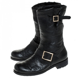 مملوكة مسبقًا Jimmy Choo Black Leather Youth Biker Mid Calf Boots Size 38