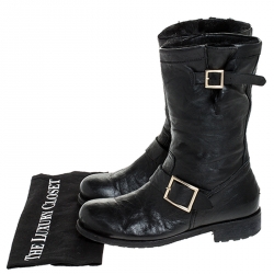مملوكة مسبقًا Jimmy Choo Black Leather Youth Biker Mid Calf Boots Size 38