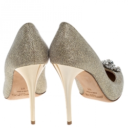 Pre Owned Jimmy Choo Metallic Gold Lamè Glitter Fabric Mamey Crystal Embellished Pointed Toe Pumps Size 41