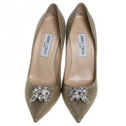 Pre Owned Jimmy Choo Metallic Gold Lamè Glitter Fabric Mamey Crystal Embellished Pointed Toe Pumps Size 41
