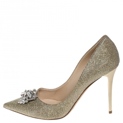 Pre Owned Jimmy Choo Metallic Gold Lamè Glitter Fabric Mamey Crystal Embellished Pointed Toe Pumps Size 41
