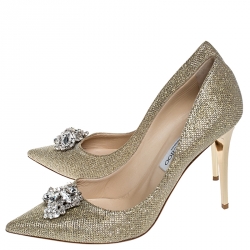 Pre Owned Jimmy Choo Metallic Gold Lamè Glitter Fabric Mamey Crystal Embellished Pointed Toe Pumps Size 41