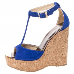 Pre Owned Jimmy Choo Blue Suede Pela Cork Wedge Ankle Strap Platform Sandals Size 36