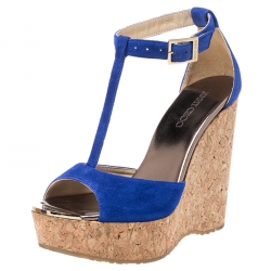 Pre Owned Jimmy Choo Blue Suede Pela Cork Wedge Ankle Strap Platform Sandals Size 36
