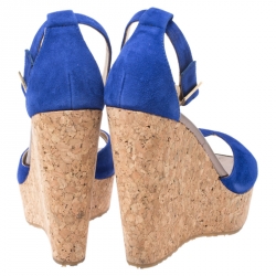 Pre Owned Jimmy Choo Blue Suede Pela Cork Wedge Ankle Strap Platform Sandals Size 36