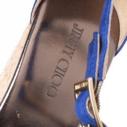 Pre Owned Jimmy Choo Blue Suede Pela Cork Wedge Ankle Strap Platform Sandals Size 36