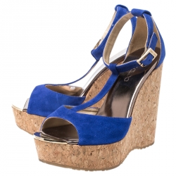 Pre Owned Jimmy Choo Blue Suede Pela Cork Wedge Ankle Strap Platform Sandals Size 36
