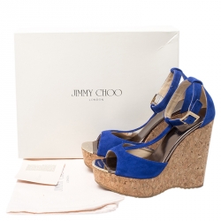 Pre Owned Jimmy Choo Blue Suede Pela Cork Wedge Ankle Strap Platform Sandals Size 36