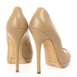 Pre Owned Jimmy Choo Nude Leather ‘Quiet’ Peep Toe Platform Pumps Size 37