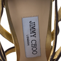 مملوكة مسبقًا صندل جيمي تشو جلد ذهبي ميتاليك بسيور قفصي مرصع مقاس 39