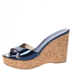 Pre Owned Jimmy Choo Metallic Blue Leather Prima Cork Wedge Platfrom Sandals Size 38