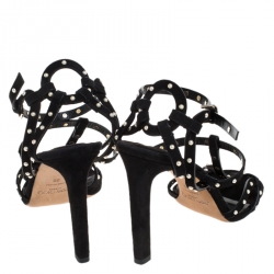 Pre Owned Jimmy Choo Black Faux Pearl Studded Suede Beverly Caged Sandals Size 39