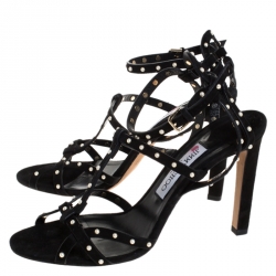 Pre Owned Jimmy Choo Black Faux Pearl Studded Suede Beverly Caged Sandals Size 39