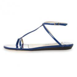 Pre Owned Jimmy Choo Blue Patent Leather Fiona T Strap Flat Sandals Size 39