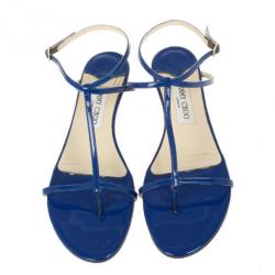 Pre Owned Jimmy Choo Blue Patent Leather Fiona T Strap Flat Sandals Size 39