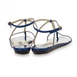 Pre Owned Jimmy Choo Blue Patent Leather Fiona T Strap Flat Sandals Size 39