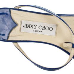 Pre Owned Jimmy Choo Blue Patent Leather Fiona T Strap Flat Sandals Size 39