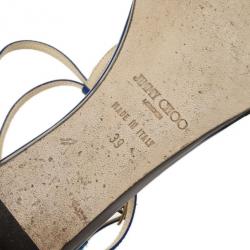 Pre Owned Jimmy Choo Blue Patent Leather Fiona T Strap Flat Sandals Size 39