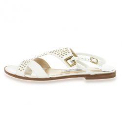 Pre Owned Jimmy Choo White Leather Flower Flat Sandals Size 37