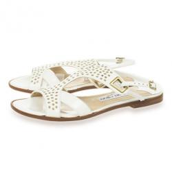 Pre Owned Jimmy Choo White Leather Flower Flat Sandals Size 37