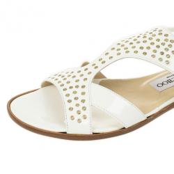 Pre Owned Jimmy Choo White Leather Flower Flat Sandals Size 37