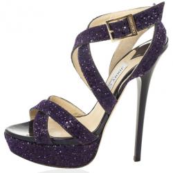 Pre Owned Jimmy Choo Purple Vamp Glitter Crisscross Platform Sandals Size 37