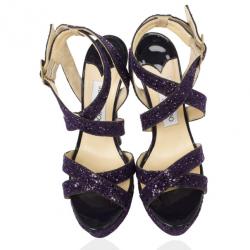 Pre Owned Jimmy Choo Purple Vamp Glitter Crisscross Platform Sandals Size 37