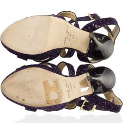 Pre Owned Jimmy Choo Purple Vamp Glitter Crisscross Platform Sandals Size 37