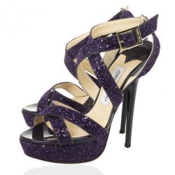 Pre Owned Jimmy Choo Purple Vamp Glitter Crisscross Platform Sandals Size 37