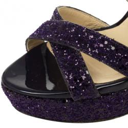 Pre Owned Jimmy Choo Purple Vamp Glitter Crisscross Platform Sandals Size 37